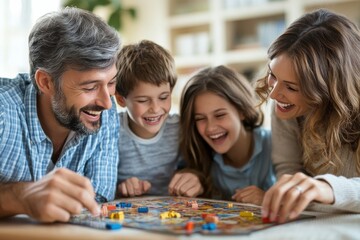 Fototapeta premium A family of four is playing a board game together, with a man