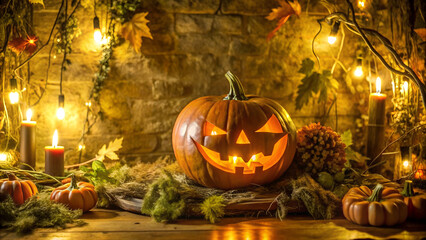 Halloween Pumpkin with Candles and Fall Decorations in Rustic Setting

