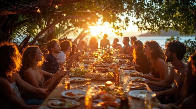 A group of people are gathered around a long table with food and drinks