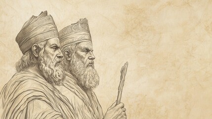 Fototapeta premium Jehoiakim’s Reign and Jerusalem’s Fall: Biblical Depiction of Nebuchadnezzar Appointing Zedekiah King of Judah, Beige Background