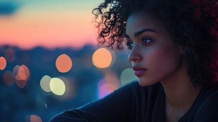 Reflective young woman with curly hair, staring into the distance at twilight