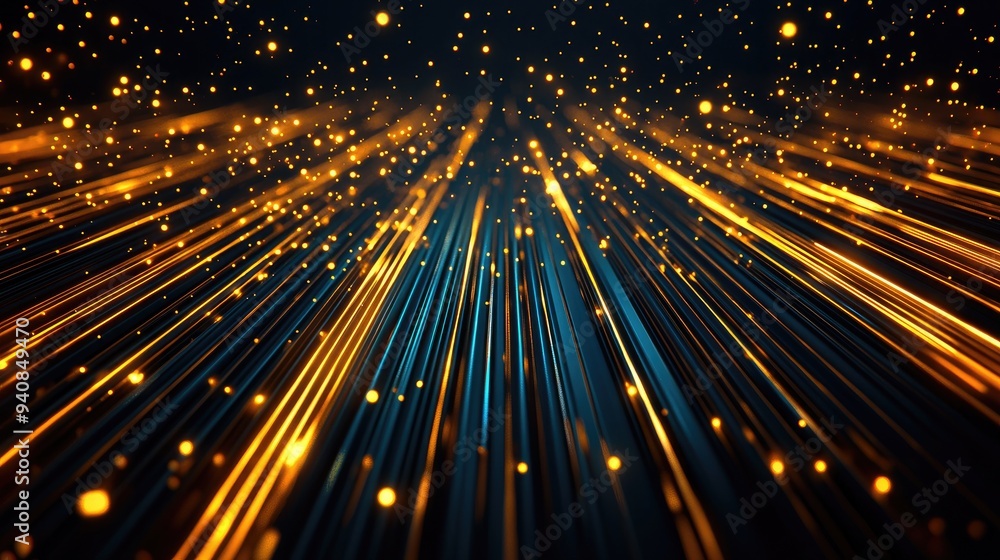 Poster Dynamic abstract background with golden and blue light streaks, creating an enchanting sense of depth and movement.