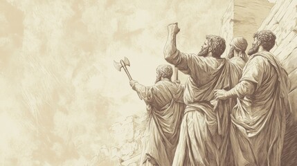 The Miracle of the Floating Axe Head: Elisha and His Disciples Praise God for His Power, 2 Kings Biblical Art, Beige Background