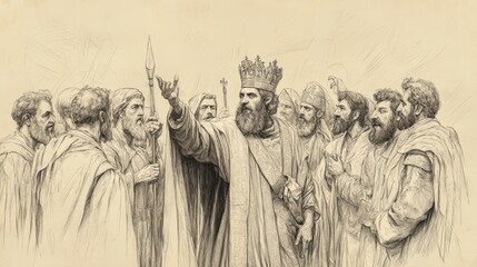 Fototapeta premium The Reign of Jehoiakim and the Fall of Jerusalem: Bible Wall Art Depicting Jehoiachin’s Surrender and Captivity, Biblical Illustration on Beige Background