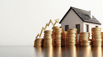 Real estate investment concept with house, coins, and graph indicating growth in property value and wealth accumulation.