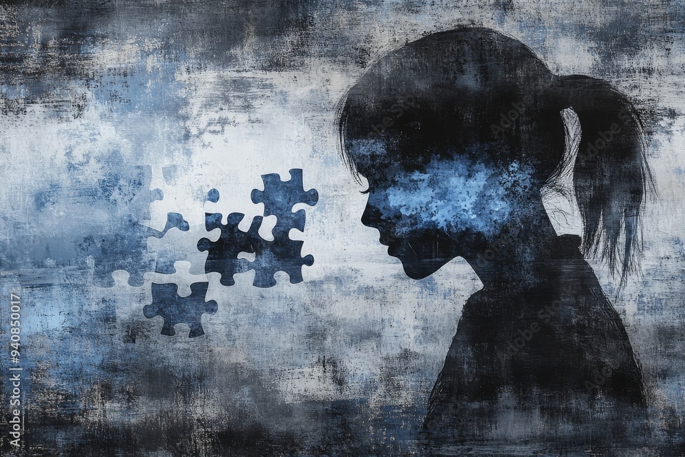 Poster silhouette of a woman with a dissolving face and puzzle pieces: exploring cognitive thought identity