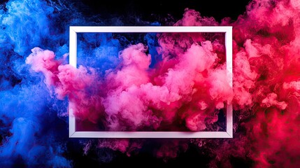 Vibrant smoke in pink and blue hues fills a blank white frame, creating a dynamic and colorful visual experience.