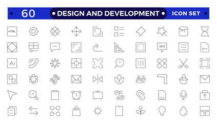 Set of thin Outline icons of Design and development. Simple linear icons in a modern style flat, Creative Process. Graphic design, creative package, stationary, software and more.