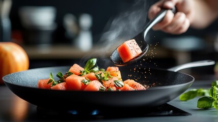 Watermelon cooked in a skillet with spices, showcasing a flavorful dish.