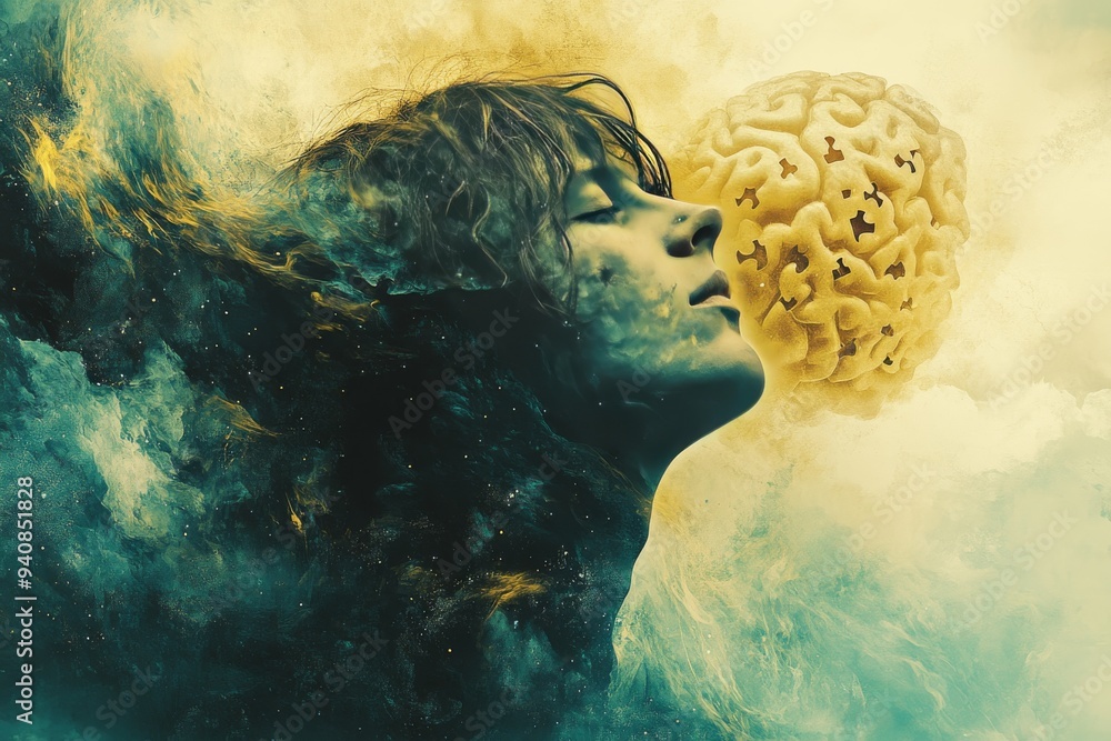 Aufkleber abstract portrait of a woman with a brain made of clouds: exploring cognitive thought memory and the
