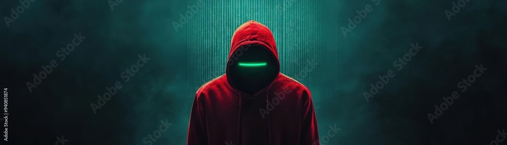 Poster cyber hacker in neon code reflections attempting breach in dark room