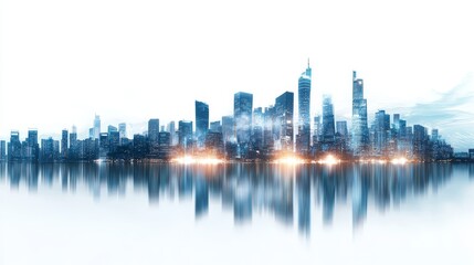 Obraz premium Cityscape with Reflection Urban Skyline Modern Architecture Night Lights Blue Tone