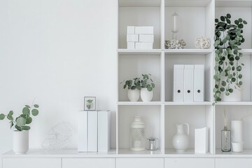 Storage Shelves in Modern White Minimalist Interior Design with Feminine Touch