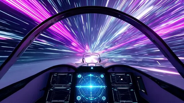 Spaceship Pilot View of Hyperspace Jump With Stars and Lights Blurring Past, Highlighting Futuristic Space Travel Technology and the Experience of Intergalactic Exploration

