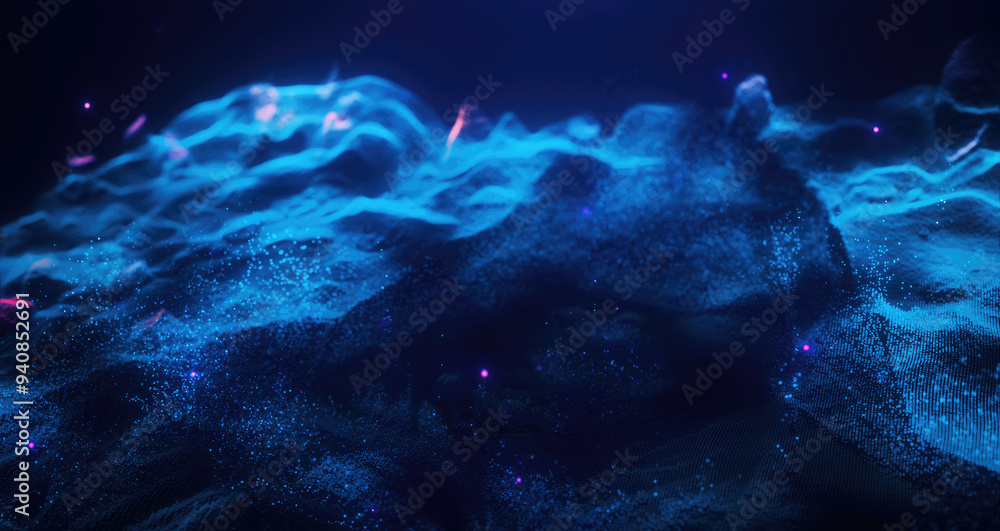 Poster abstract moving futuristic landscape of particles and dots of energy magic with glow and blur effect