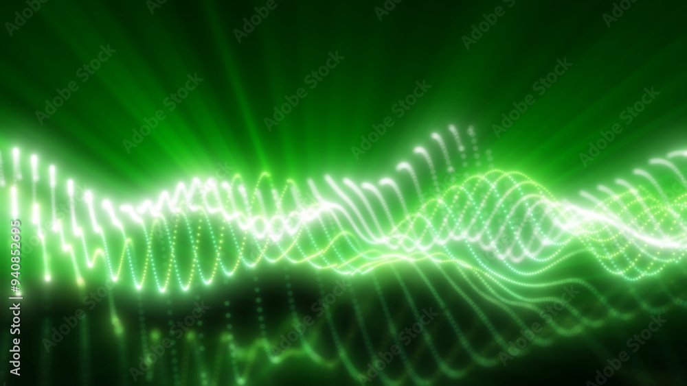 Poster glowing green light waves flow smoothly across a dark background, creating an energetic and futurist