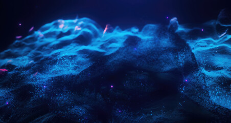 Abstract moving futuristic landscape of particles and dots of energy magic with glow and blur effect, abstract background