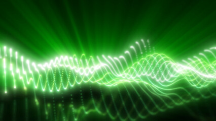 Glowing green light waves flow smoothly across a dark background, creating an energetic and futuristic abstract design with vibrant curves and dotted patterns