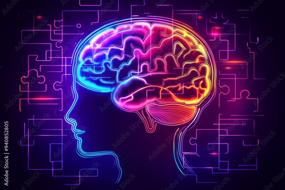 Aufkleber neon digital portrait of a woman with a glowing brain: exploring cognitive thought neural connectivi