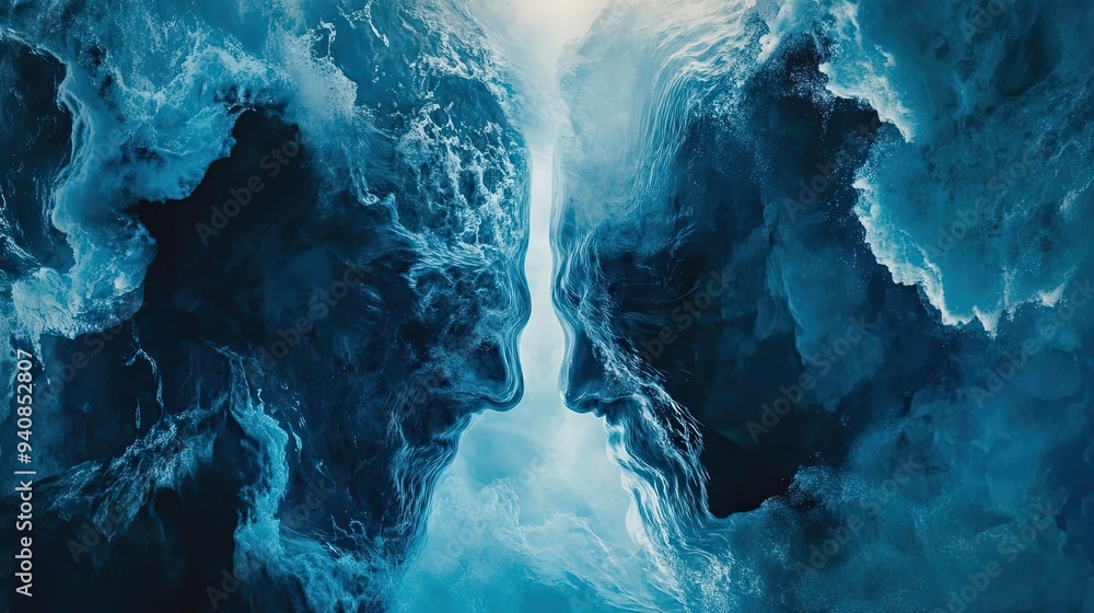 Poster A captivating abstract representation of two faces merging with swirling clouds, evoking emotions and introspection.
