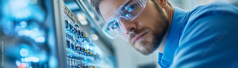 Poster technician working on server rack in data center
