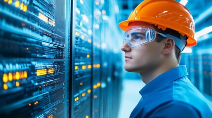Server Room Technician in Hard Hat and Safety Glasses Inspecting Data Center Equipment