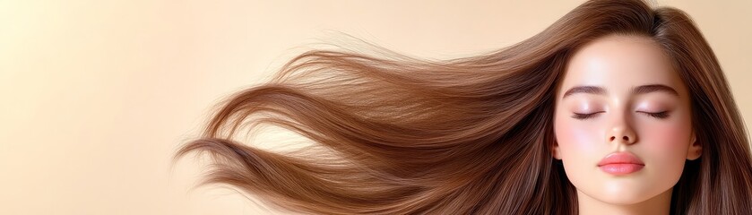 Fototapeta premium Beautiful Woman with Flowing Brown Hair and Closed Eyes