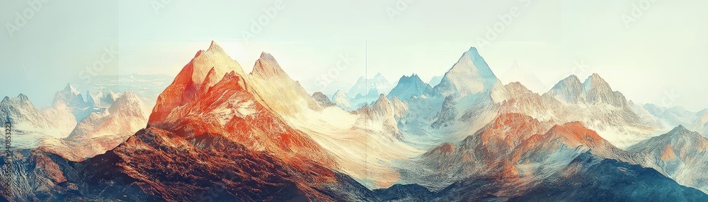 Poster breathtaking panoramic view of majestic mountains bathed in warm sunlight and soft clouds creating a