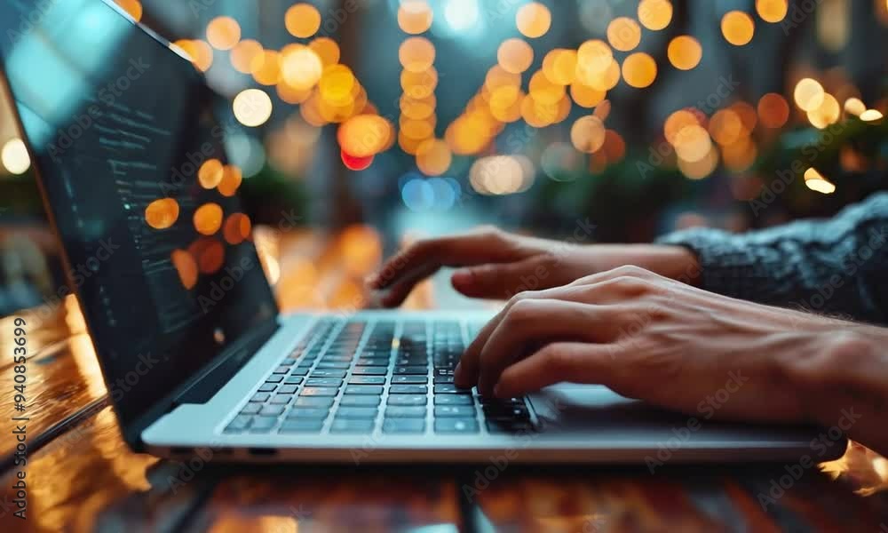 Wall mural a person's hands typing on a laptop at a table with string lights in the background