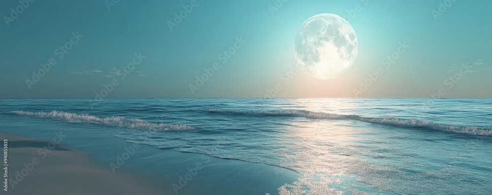 Poster a serene ocean view illuminated by a full moon, reflecting light on calm waves under a clear night s