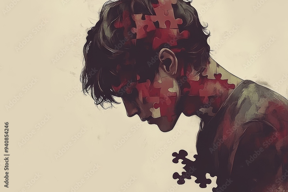 Poster abstract portrait of a young man with puzzle pieces falling from his head: representing cognitive th