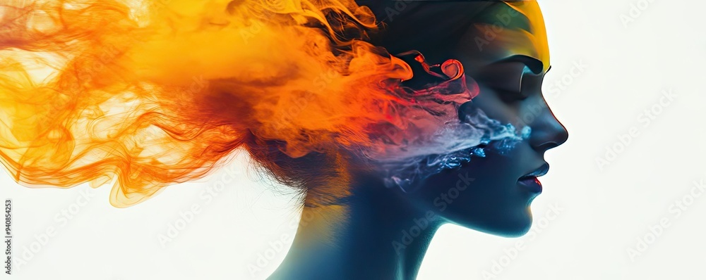 Poster a creative portrait showcasing vibrant colors and smoke, symbolizing artistic expression and imagina