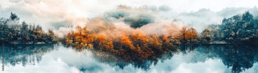 Poster a serene landscape featuring lush trees reflected in a tranquil lake, surrounded by soft clouds and 