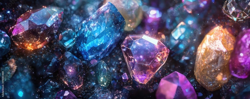 Poster A stunning array of colorful gemstones sparkling with brilliance, showcasing unique shapes and facets against a dark backdrop.