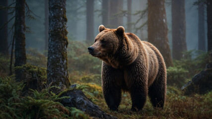 Orso bruno in una foresta con la nebbia nelle prime luci del mattino