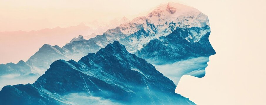 A captivating double exposure of a mountain landscape blended with a serene human silhouette, evoking nature and introspection.
