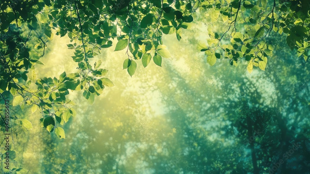 Poster a serene green forest scene with soft light filtering through leaves, creating a tranquil and peacef