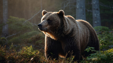 Orso bruno in una foresta con la nebbia nelle prime luci del mattino