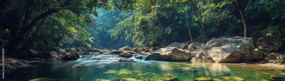 Poster a serene river flows through a lush green forest, surrounded by rocks and sunlight filtering through