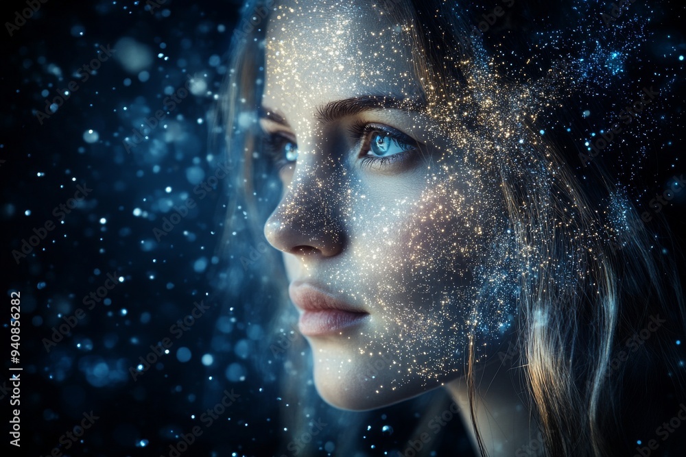 Poster digital portrait of a woman with a starry face: exploring cognitive thought memory and the ethereal 