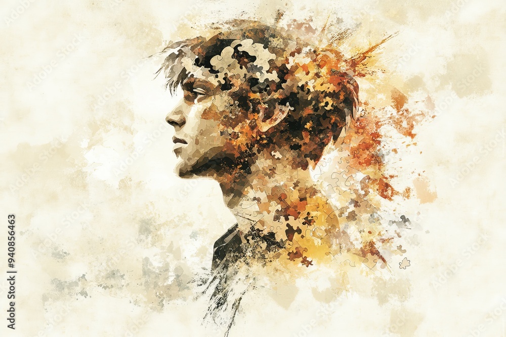 Aufkleber digital portrait of a woman with a dissolving face in a misty setting: exploring cognitive thought m