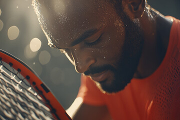 Intense Moment: Close-Up of African American Male Tennis Player Resting on Racket After a Grueling Match. Sweat and Sunlight Highlighted During Golden Hour, Cinematic High-Resolution Shot with Detaile