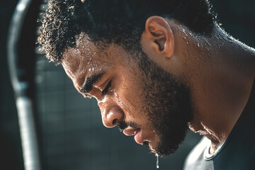 Intense Moment: Close-Up of African American Male Tennis Player Resting on Racket After a Grueling Match. Sweat and Sunlight Highlighted During Golden Hour, Cinematic High-Resolution Shot with Detaile