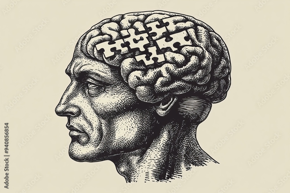 Poster vintage illustration of a man with a puzzle brain: exploring cognitive processes memory and the comp