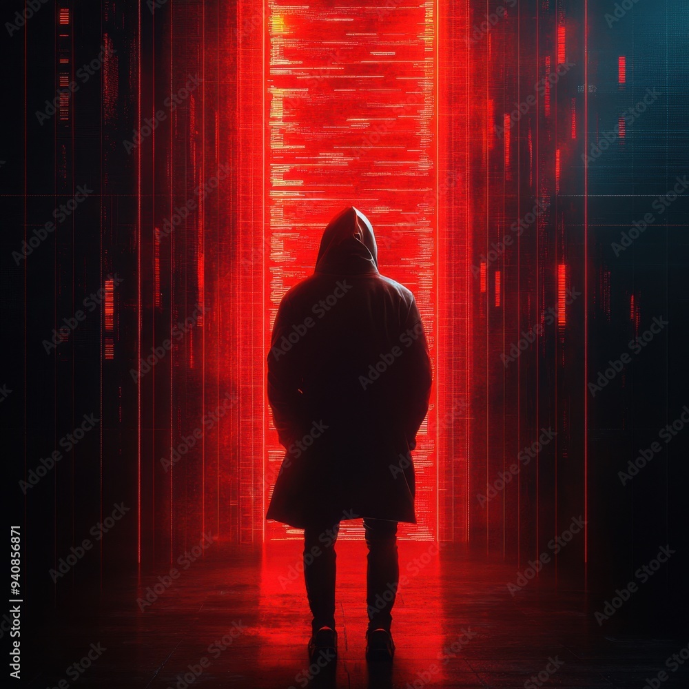 Aufkleber digital hacker in danger zone surrounded by glowing red security breaches
