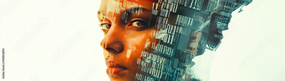 Poster An artistic portrait blending human features with digital elements, symbolizing the intersection of technology and identity.