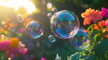 Sunlit Garden Scene Realistic soap bubbles floating gently in a sunlit garden, with vibrant flowers and greenery in the background. The bubbles reflect the colorful surroundings