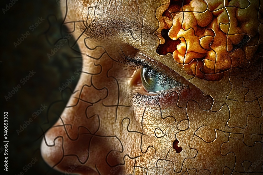 Poster digital close up of an eye with a puzzle brain reflection: exploring cognitive thought perception an