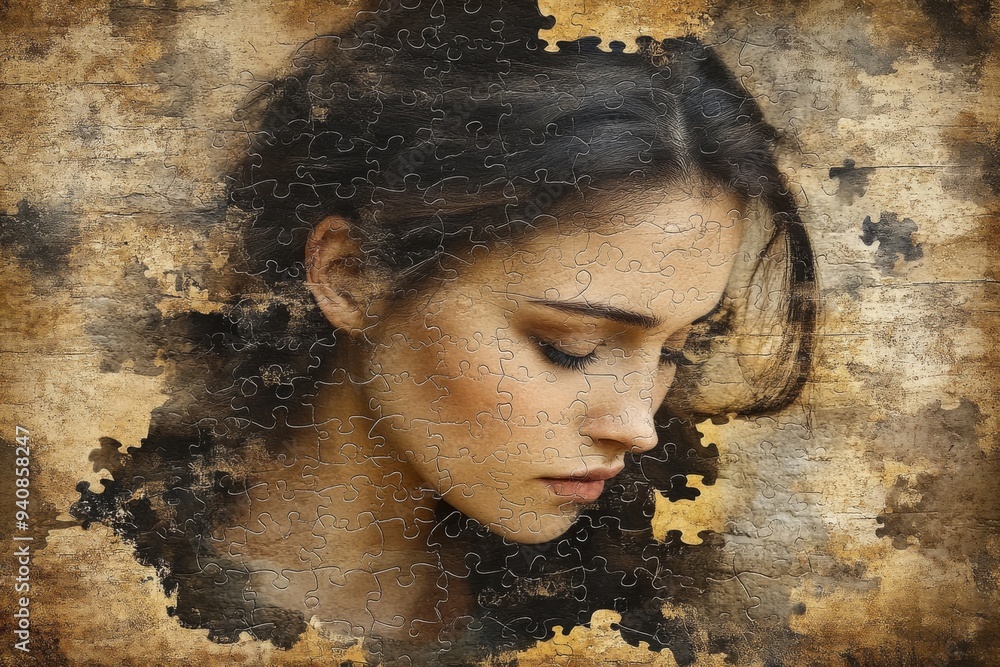 Poster vintage portrait of a woman with a puzzle brain: exploring cognitive thought identity and the comple