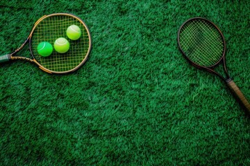 A tennis racket and two tennis balls sit on a lush green grassy field, ready for play